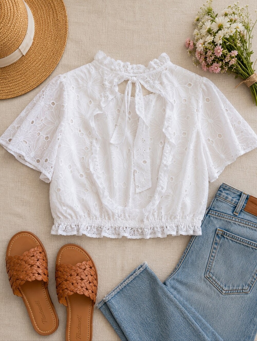 Altar'd State White Floral Eyelet Ruffle Tie-Back Crop Blouse | Cottagecore Boho - Picture 2 of 12